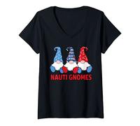 Womens 3 Nautical Sailing Nauti Gnomes Anchors Sailing Flags Cute V-Neck T-Shirt