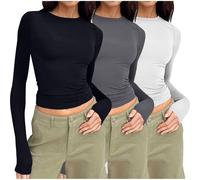 Womens 3 Pack Long Sleeve Tops Crew Neck Basic T-Shirts Stretch Fitted Summer Crop Top Aesthetic Streetwear Casual Solid Color Slim Fit Basic T-Shirt Blouse Tee