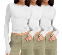 Womens 3 Pack Long Sleeve Tops Crew Neck Thermal Shirts Set Stretch Fitted Underscrubs Layer Tee White L