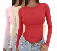 Women's 3 Pack Long Sleeve Tops Y2k Basic Layering Tight Thermal Undershirts Slim Fitted Going Out Tee Shirts Round Neck Stretch Fit Aesthetic Streetwear 3 Pieces Solid Colour T-Shirts