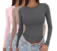 Women's 3 Pack Long Sleeve Tops Y2k Basic Layering Tight Thermal Undershirts Slim Fitted Going Out Tee Shirts Round Neck Stretch Fit Aesthetic Streetwear 3 Pieces Solid Colour T-Shirts