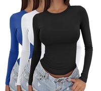 Women's 3 Pack Long Sleeve Tops Y2k Basic Layering Tight Thermal Undershirts Slim Fitted Going Out Tee Shirts Round Neck Stretch Fit Aesthetic Streetwear 3 Pieces Solid Colour T-Shirts