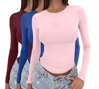 Women's 3 Pack Long Sleeve Tops Y2k Basic Layering Tight Thermal Undershirts Slim Fitted Going Out Tee Shirts Round Neck Stretch Fit Aesthetic Streetwear 3 Pieces Solid Colour T-Shirts