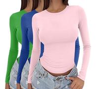 Women's 3 Pack Long Sleeve Tops Y2k Basic Layering Tight Thermal Undershirts Slim Fitted Going Out Tee Shirts Round Neck Stretch Fit Aesthetic Streetwear 3 Pieces Solid Colour T-Shirts