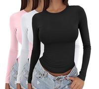 Women's 3 Pack Long Sleeve Tops Y2k Basic Layering Tight Thermal Undershirts Slim Fitted Going Out Tee Shirts Round Neck Stretch Fit Aesthetic Streetwear 3 Pieces Solid Colour T-Shirts