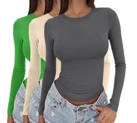Women's 3 Pack Long Sleeve Tops Y2k Basic Layering Tight Thermal Undershirts Slim Fitted Going Out Tee Shirts Round Neck Stretch Fit Aesthetic Streetwear 3 Pieces Solid Colour T-Shirts