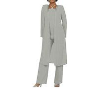 Women's 3 PC Chiffon Pants Suits Mother's Outfit for Wedding Plus Size Evening Gowns Dress Suit Silver Grey UK18