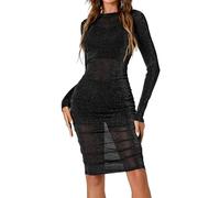 Women's 3 Pcs Glitter Mesh Dress Long Sleeve Bodycon Outfits with Cami Shorts
