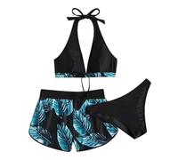 Women's 3 Piece Bikini Swimsuit - Palm Leaf Print Hanging Neck Bra with Triangle Shorts Swimwear Set (Blue, XL)
