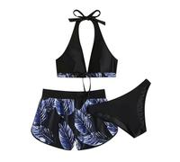 Women's 3 Piece Bikini Swimsuit - Palm Leaf Print Hanging Neck Bra with Triangle Shorts Swimwear Set (Purple, M)