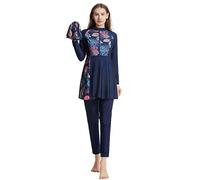 Women's 3-Piece Burkini Set, Long Sleeve Zipper Swim Top with Built-in Pads, Pants & Hijab, Floral Print Full Cover Modest Swimwear for Beach, Swimming & Water Sports Navy Blue XXL
