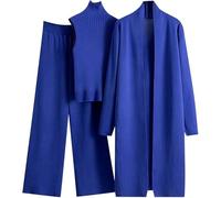 Women's 3 Piece Knit Lounge Set, Long Sleeve Cardigan Sleeveless Turtleneck Tank Top and Wide Leg Pants Rhinestone Blue
