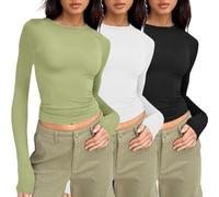 Womens 3 Piece Long Sleeve Shirts Basic Crop Tops Going Out Fall Fashion Layer Slim Fit Tops Cotton Long Sleeve Womens Plus Size Top Green
