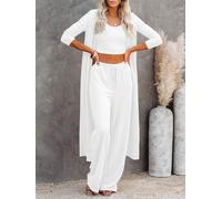 Women's 3 Piece Lounge Sets Pajamas Knit Long Sleeve Cardigan Crop Top Wide Leg Pants Loungewear Set (White, XS)