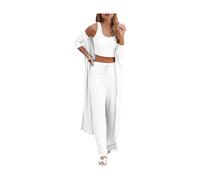 Women's 3 Piece Lounge Sets Pajamas Knit Long Sleeve Cardigan Crop Top Wide Leg Pants Loungewear Set (White, XXL)