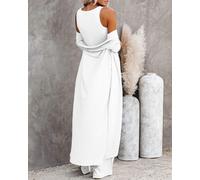 Women's 3 Piece Lounge Sets Pajamas Knit Long Sleeve Cardigan Crop Top Wide Leg Pants Loungewear Set (White, L)