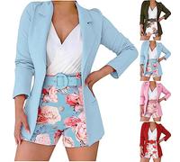 Womens 3 Piece Outfit Suit Casual Solid Open Front Blazer and Floral Printed Shorts with Belted Suits Set Notch Lapel Ladies Elegant Business Office Suit Sets Work Blazer Pants Sky Blue