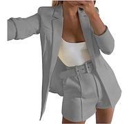 Womens 3 Piece Outfit Suit Casual Solid Open Front Blazer and Shorts with Belted Suits Set Notch Lapel Ladies Elegant Business Office Suit Sets Work Blazer Pants