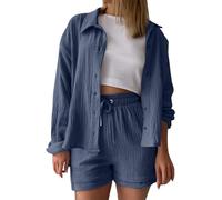 Womens 3 Piece Outfit Summer Cotton Linen Crinkled Comfy Shirt Shorts and Vest Tracksuit Elastic Waist Shorts Smart Soft Sets with Pockets Fashion 2026 Outdoor Leisure Wear S-2XL