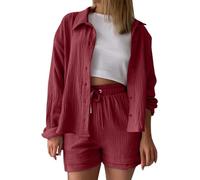 Womens 3 Piece Outfit Summer Cotton Linen Crinkled Comfy Shirt Shorts and Vest Tracksuit Elastic Waist Shorts Smart Soft Sets with Pockets Fashion 2026 Outdoor Leisure Wear S-2XL