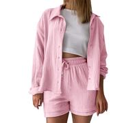 Womens 3 Piece Outfit Summer Cotton Linen Crinkled Comfy Shirt Shorts and Vest Tracksuit Elastic Waist Shorts Smart Soft Sets with Pockets Fashion 2026 Outdoor Leisure Wear S-2XL