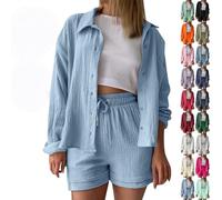 Womens 3 Piece Outfit Summer Cotton Linen Crinkled Comfy Shirt Shorts and Vest Tracksuit Elastic Waist Shorts Smart Soft Sets with Pockets Fashion 2026 Outdoor Leisure Wear S-2XL