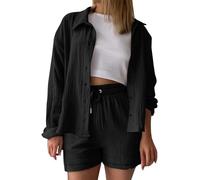 Womens 3 Piece Outfit Summer Cotton Linen Crinkled Comfy Shirt Shorts and Vest Tracksuit Elastic Waist Shorts Smart Soft Sets with Pockets Fashion 2026 Outdoor Leisure Wear S-2XL