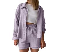 Womens 3 Piece Outfit Summer Cotton Linen Crinkled Comfy Shirt Shorts and Vest Tracksuit Elastic Waist Shorts Smart Soft Sets with Pockets Fashion 2026 Outdoor Leisure Wear S-2XL