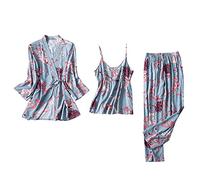 Women's 3-Piece Pyjama Set, Long Sleeve, Thin Bathrobe, Flowers, Buttoned House Coat, Straps, Nightdress, Patterned Pyjamas, Cool Pyjama Bottoms, Women's Pyjamas, blue, M