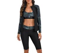 Women's 3 Piece Rash Guard Floral Printed Long Sleeve Swimsuits Sport Bra with Boyshorts