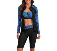 Women's 3 Piece Rash Guard Floral Printed Long Sleeve Swimsuits Sport Bra with Boyshorts