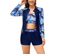 Women's 3 Piece Rash Guard Long Sleeve Swimsuits Zip Up Sun Protection Swim Shirts Built in Bra with Boyshorts Blue