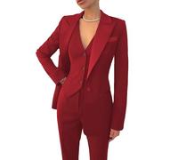 Women's 3 Piece Suit Set Notch Lapel Long Sleeve Blazer Jacket Vest and Pants Formal Business Tuxedo Suits for Evening Party, Red, 14