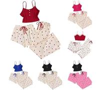 Women's 3 Piece Summer Pajama Set Sleeveless Cami Tops + Drawstring Shorts + High Waist Pants, Heart Print Comfortable Trousers Pjs Set Cute Soft Loungewear Sleepwear Sets Red