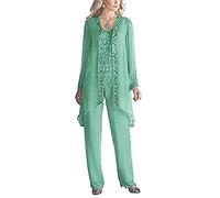 Women's 3 Pieces Chiffon Dress Mother of The Bride Pants Suits with Beaded Jacket Wedding Outfit Evening Gown Mint UK18