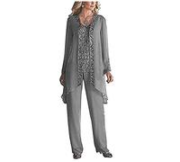 Women's 3 Pieces Chiffon Dress Mother of The Bride Pants Suits with Beaded Jacket Wedding Outfit Evening Gown Grey UK28