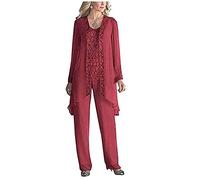 Women's 3 Pieces Chiffon Dress Mother of The Bride Pants Suits with Beaded Jacket Wedding Outfit Evening Gown Burgundy UK28
