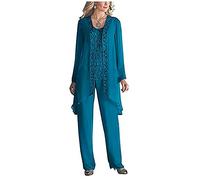 Women's 3 Pieces Chiffon Dress Mother of The Bride Pants Suits with Beaded Jacket Wedding Outfit Evening Gown Teal UK14