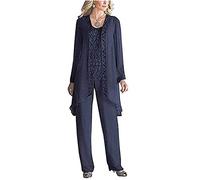 Women's 3 Pieces Chiffon Dress Mother of The Bride Pants Suits with Beaded Jacket Wedding Outfit Evening Gown Navy UK30