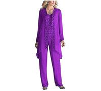 Women's 3 Pieces Chiffon Dress Mother of The Bride Pants Suits with Beaded Jacket Wedding Outfit Evening Gown Purple UK18