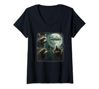 Womens 3 Raccoons Fear UFO Arrival Night Shock Of Alien Invasion V-Neck T-Shirt