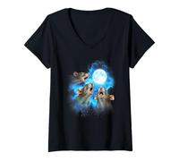 Womens 3 Rat Howling at The Moon Colorful Blue V-Neck T-Shirt