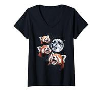 Women's 3 Red Panda Howling Moon Animal Cute Red Panda V-Neck T-Shirt
