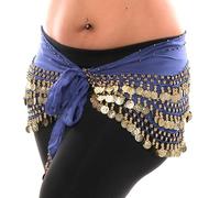 Womens 3 Row Gold Coin Bead Belly Dance Dancer Costume, Ladies Lightweight & Jingly Dancing Skirt Hip Scarves with Dangling Golden Coins Fringe Belt Waist Wrap for Dancewear Performance, Blue