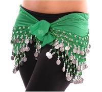 Womens 3 Row Gold Coin Bead Belly Dance Dancer Costume, Ladies Lightweight & Jingly Dancing Skirt Hip Scarves with Dangling Golden Coins Fringe Belt Waist Wrap for Dancewear Performance, Green