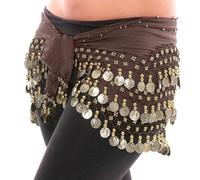 Womens 3 Row Gold Coin Bead Belly Dance Dancer Costume, Ladies Lightweight & Jingly Dancing Skirt Hip Scarves with Dangling Golden Coins Fringe Belt Waist Wrap for Dancewear Performance, Brown