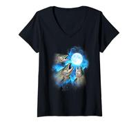Womens 3 Salmon Fish Howling at The Moon Colorful Blue V-Neck T-Shirt