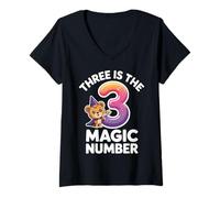 Women's 3 The Magic Number Funny 3rd Birthday Cute Lion V-Neck T-Shirt