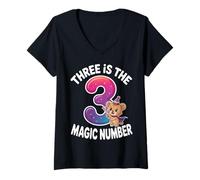 Women's 3 The Magic Number Funny 3rd Birthday Cute Lion V-Neck T-Shirt