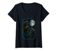 Womens 3 Three Grizzly Bear Howling at The Moon V-Neck T-Shirt